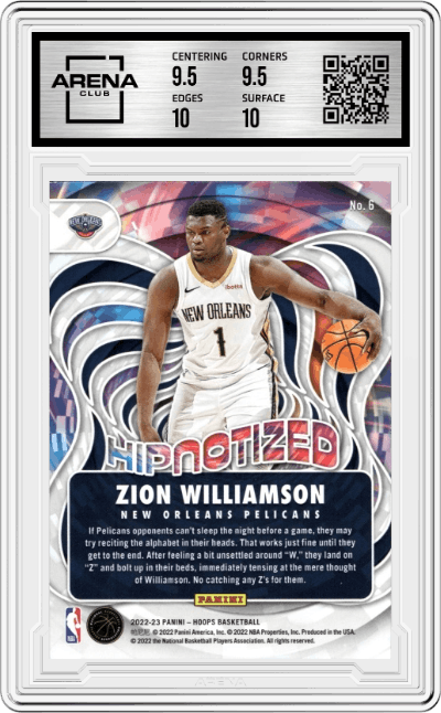 Zion Williamson from the 2022-23 Panini NBA Hoops set graded by Arena Club and given an overall grade of 10.