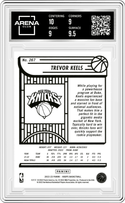 Trevor Keels from the 2022-23 Panini NBA Hoops set graded by Arena Club and given an overall grade of 9.5.