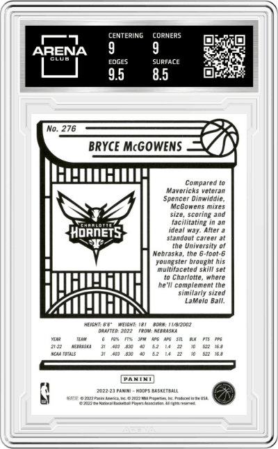 Bryce McGowens from the 2022-23 Panini NBA Hoops set graded by Arena Club and given an overall grade of 9.