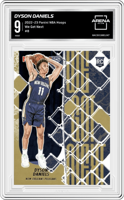 Dyson Daniels from the 2022-23 Panini NBA Hoops set graded by Arena Club and given an overall grade of 9.
