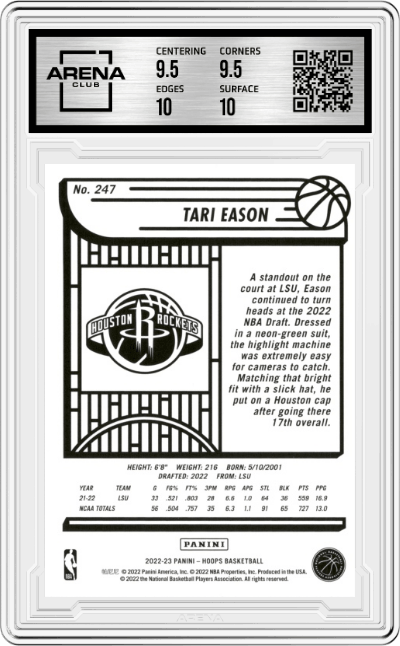 Tari Eason from the 2022-23 Panini NBA Hoops set graded by Arena Club and given an overall grade of 10.