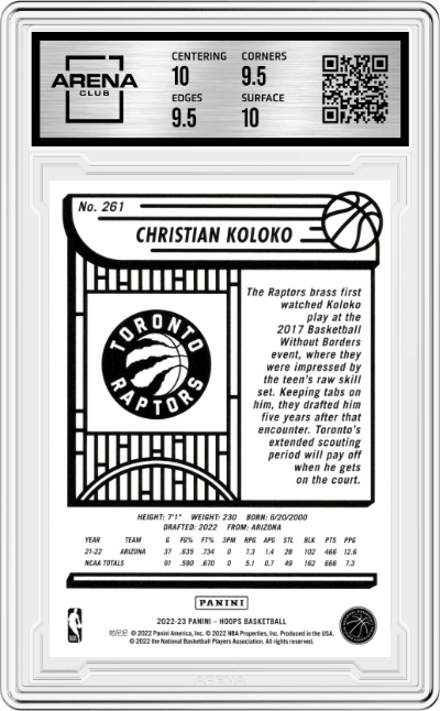 Christian Koloko from the 2022-23 Panini NBA Hoops set graded by Arena Club and given an overall grade of 10.
