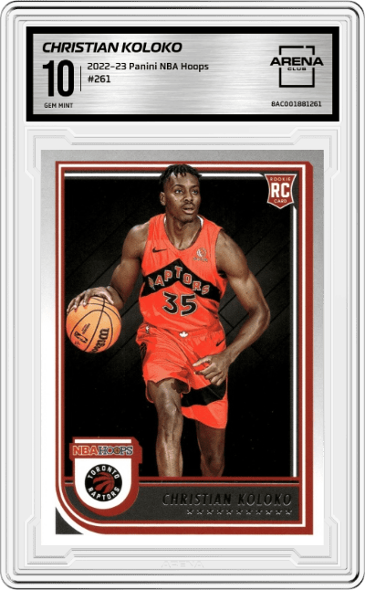 Christian Koloko from the 2022-23 Panini NBA Hoops set graded by Arena Club and given an overall grade of 10.