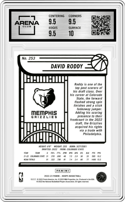 David Roddy from the 2022-23 Panini NBA Hoops set graded by Arena Club and given an overall grade of 10.