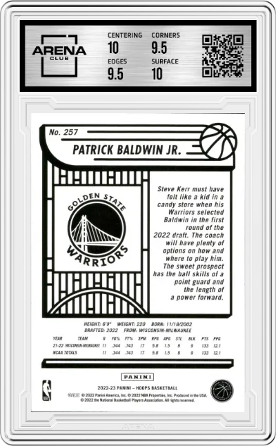 Patrick Baldwin Jr. from the 2022-23 Panini NBA Hoops set graded by Arena Club and given an overall grade of 10.