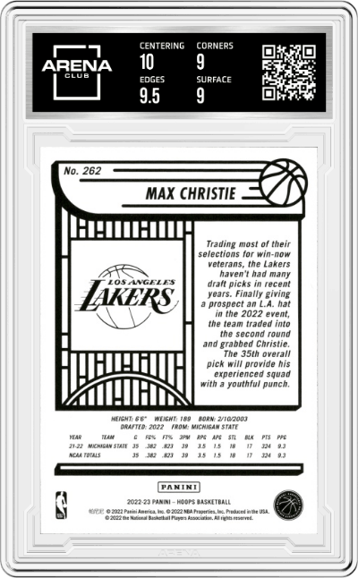 Max Christie from the 2022-23 Panini NBA Hoops set graded by Arena Club and given an overall grade of 9.5.