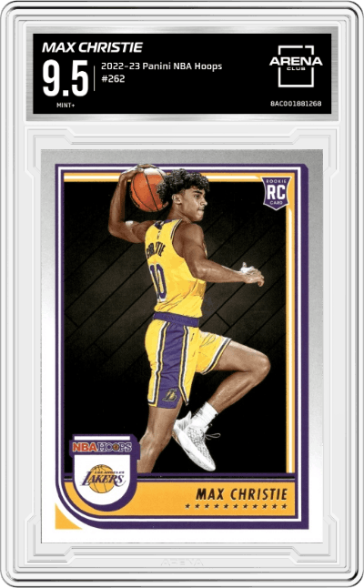 Max Christie from the 2022-23 Panini NBA Hoops set graded by Arena Club and given an overall grade of 9.5.