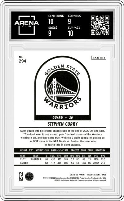 Stephen Curry from the 2022-23 Panini NBA Hoops set graded by Arena Club and given an overall grade of 9.5.
