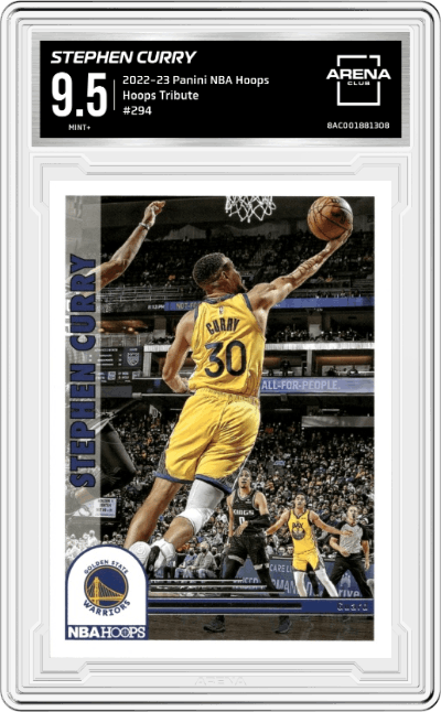 Stephen Curry from the 2022-23 Panini NBA Hoops set graded by Arena Club and given an overall grade of 9.5.