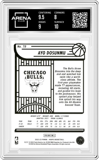 Ayo Dosunmu from the 2022-23 Panini NBA Hoops set featuring a Silver  parallel graded by Arena Club and given an overall grade of 8.5.