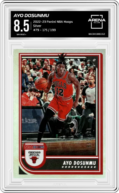 Ayo Dosunmu from the 2022-23 Panini NBA Hoops set featuring a Silver  parallel graded by Arena Club and given an overall grade of 8.5.