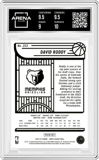 David Roddy from the 2022-23 Panini NBA Hoops set graded by Arena Club and given an overall grade of 9.5.