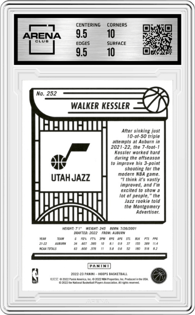 Walker Kessler from the 2022-23 Panini NBA Hoops set graded by Arena Club and given an overall grade of 10.