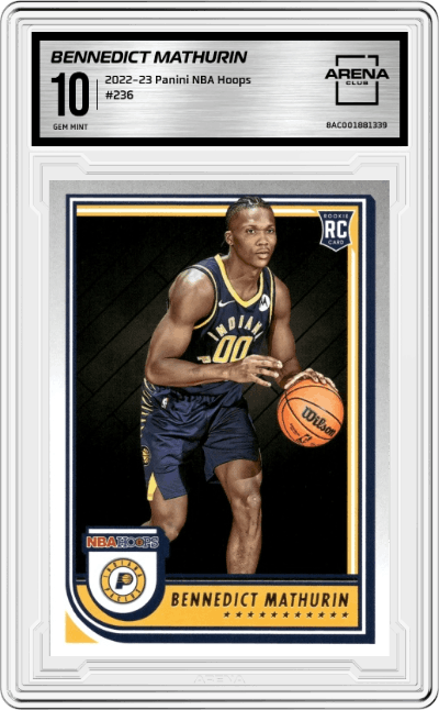 Bennedict Mathurin from the 2022-23 Panini NBA Hoops set graded by Arena Club and given an overall grade of 10.