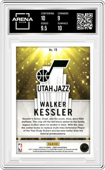 Walker Kessler from the 2022-23 Panini NBA Hoops set featuring a Holo parallel graded by Arena Club and given an overall grade of 9.5.