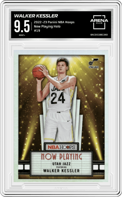 Walker Kessler from the 2022-23 Panini NBA Hoops set featuring a Holo parallel graded by Arena Club and given an overall grade of 9.5.