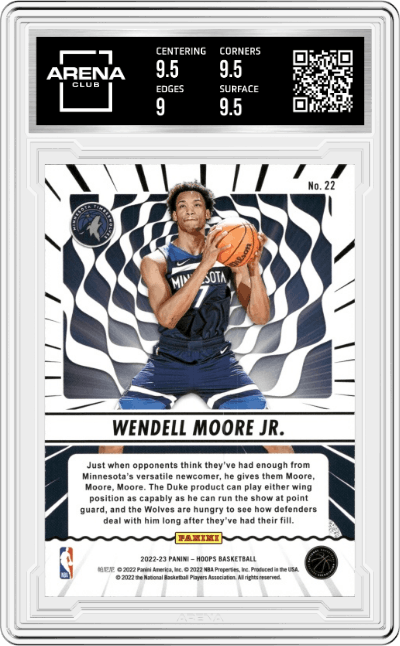 Wendell Moore Jr. from the 2022-23 Panini NBA Hoops set graded by Arena Club and given an overall grade of 9.5.