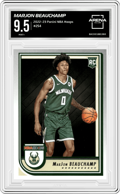 MarJon Beauchamp from the 2022-23 Panini NBA Hoops set graded by Arena Club and given an overall grade of 9.5.