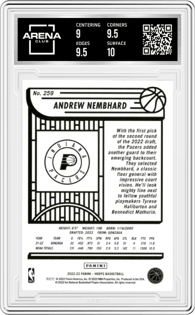 Andrew Nembhard from the 2022-23 Panini NBA Hoops set graded by Arena Club and given an overall grade of 9.5.