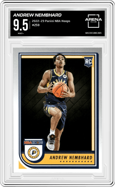 Andrew Nembhard from the 2022-23 Panini NBA Hoops set graded by Arena Club and given an overall grade of 9.5.