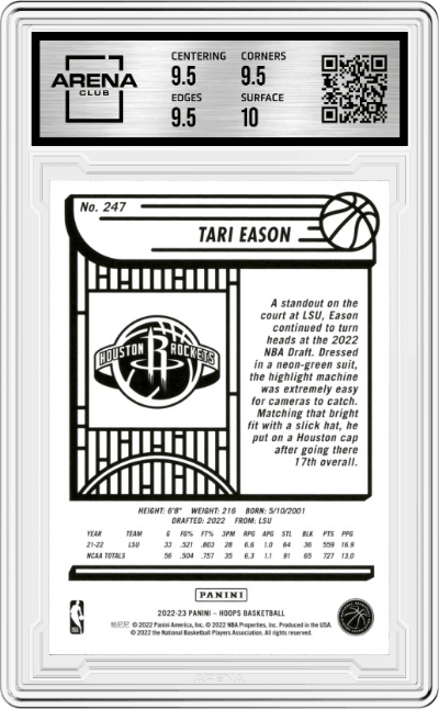 Tari Eason from the 2022-23 Panini NBA Hoops set graded by Arena Club and given an overall grade of 10.