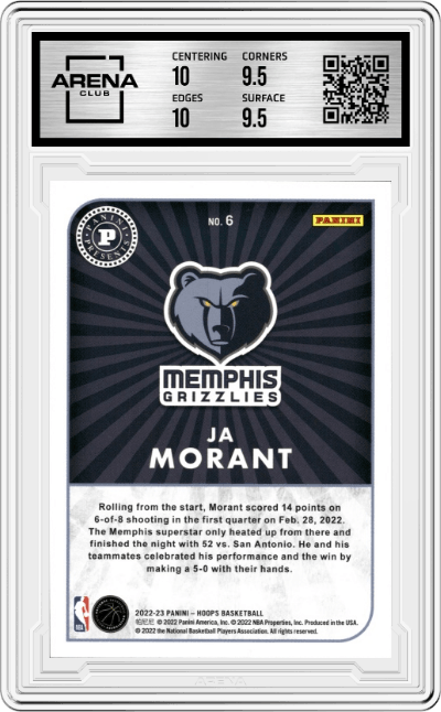 Ja Morant from the 2022-23 Panini NBA Hoops set graded by Arena Club and given an overall grade of 10.