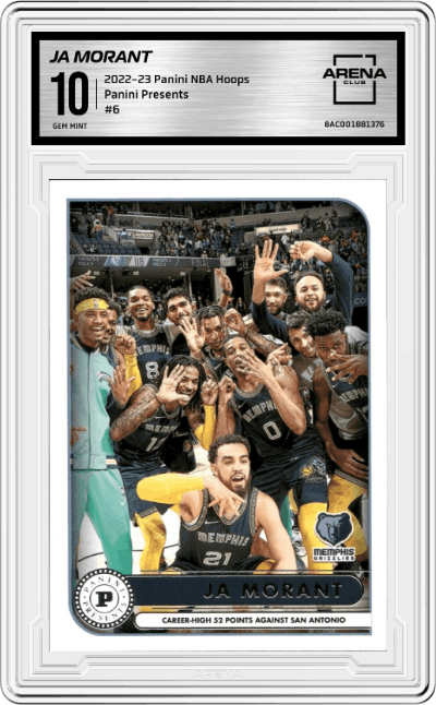 Ja Morant from the 2022-23 Panini NBA Hoops set graded by Arena Club and given an overall grade of 10.