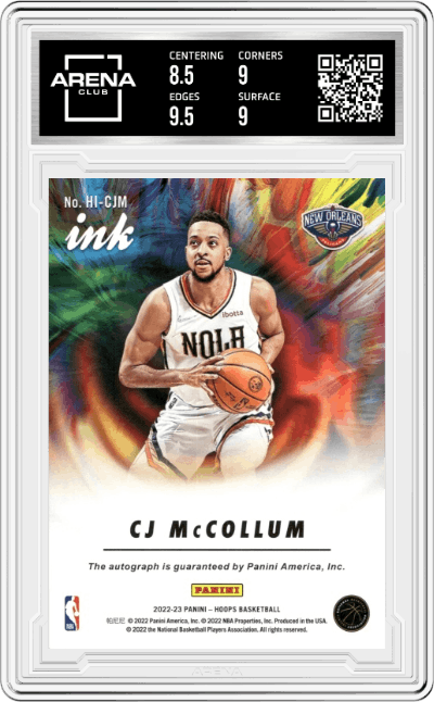 CJ McCollum from the 2022-23 Panini NBA Hoops set graded by Arena Club and given an overall grade of 9.