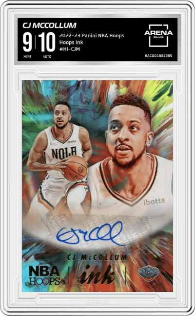 CJ McCollum from the 2022-23 Panini NBA Hoops set graded by Arena Club and given an overall grade of 9.