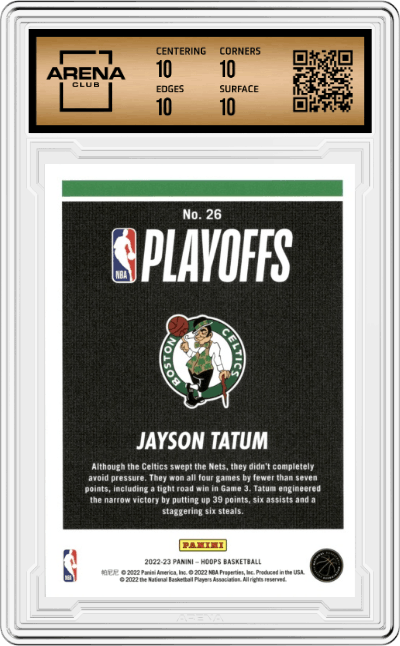 Jayson Tatum from the 2022-23 Panini NBA Hoops set graded by Arena Club and given an overall grade of 10.