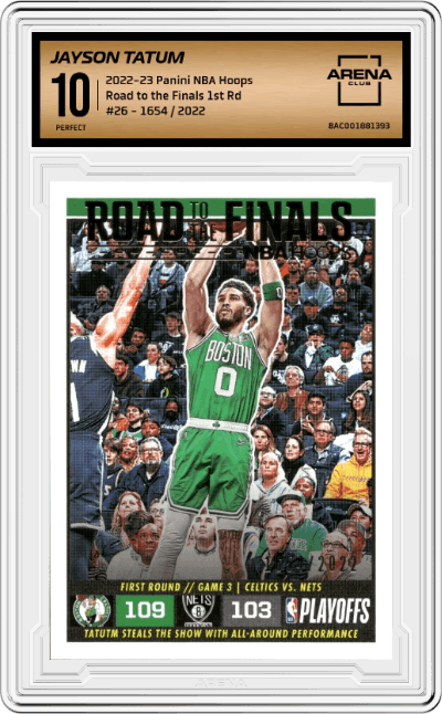 Jayson Tatum from the 2022-23 Panini NBA Hoops set graded by Arena Club and given an overall grade of 10.