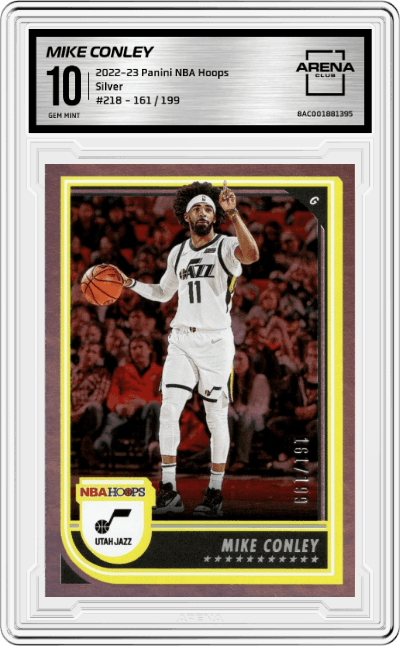 Mike Conley from the 2022-23 Panini NBA Hoops set featuring a Silver  parallel graded by Arena Club and given an overall grade of 10.