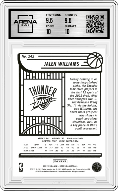 Jalen Williams from the 2022-23 Panini NBA Hoops set graded by Arena Club and given an overall grade of 10.