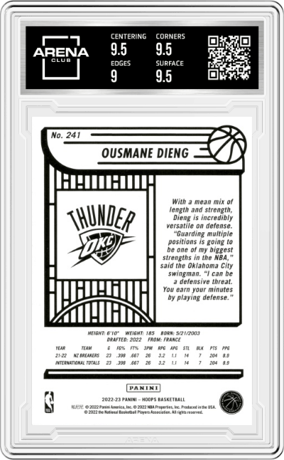 Ousmane Dieng from the 2022-23 Panini NBA Hoops set graded by Arena Club and given an overall grade of 9.5.