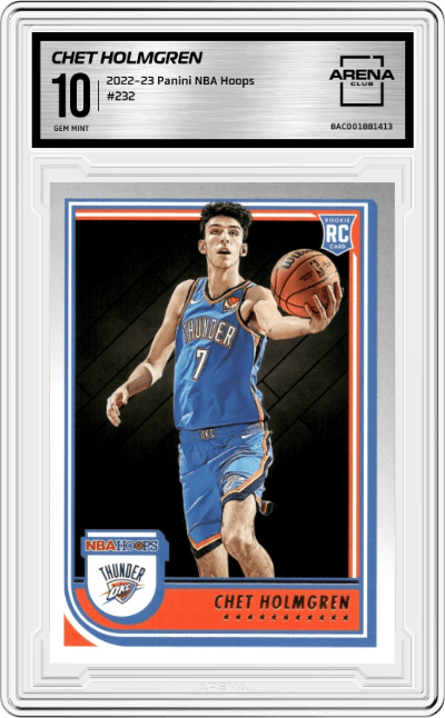 Chet Holmgren from the 2022-23 Panini NBA Hoops set graded by Arena Club and given an overall grade of 10.