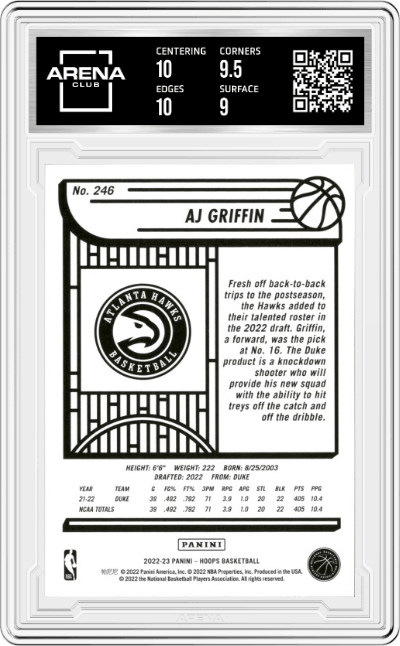 AJ Griffin from the 2022-23 Panini NBA Hoops set graded by Arena Club and given an overall grade of 9.5.
