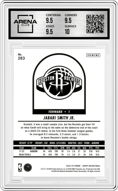 Jabari Smith Jr. from the 2022-23 Panini NBA Hoops set graded by Arena Club and given an overall grade of 10.