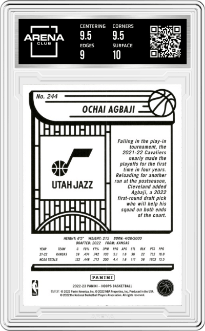 Ochai Agbaji from the 2022-23 Panini NBA Hoops set graded by Arena Club and given an overall grade of 9.5.