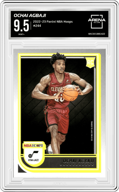 Ochai Agbaji from the 2022-23 Panini NBA Hoops set graded by Arena Club and given an overall grade of 9.5.