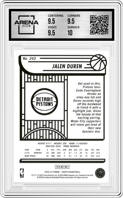 Jalen Duren from the 2022-23 Panini NBA Hoops set graded by Arena Club and given an overall grade of 10.