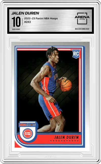 Jalen Duren from the 2022-23 Panini NBA Hoops set graded by Arena Club and given an overall grade of 10.
