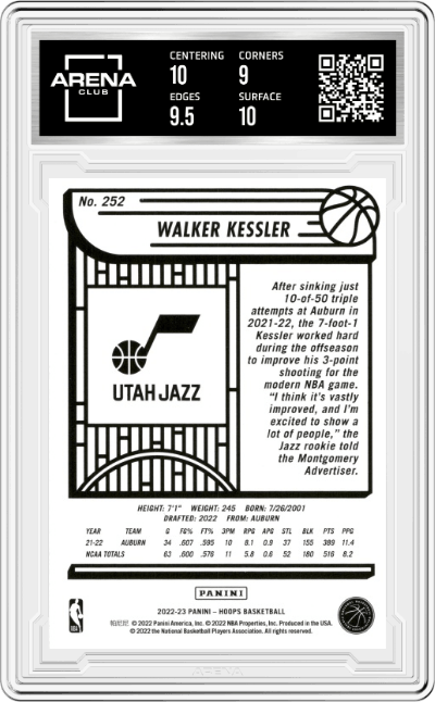 Walker Kessler from the 2022-23 Panini NBA Hoops set graded by Arena Club and given an overall grade of 9.5.