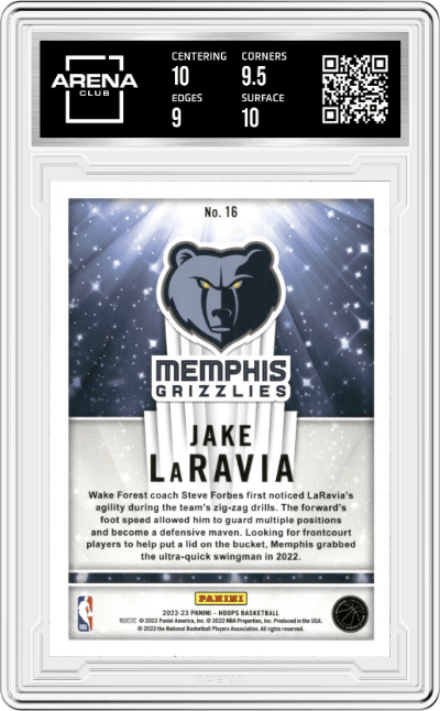 Jake Laravia from the 2022-23 Panini NBA Hoops set featuring a Holo parallel graded by Arena Club and given an overall grade of 9.5.