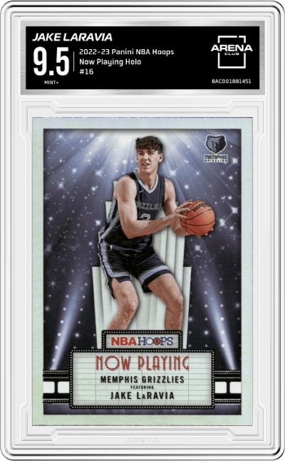 Jake Laravia from the 2022-23 Panini NBA Hoops set featuring a Holo parallel graded by Arena Club and given an overall grade of 9.5.