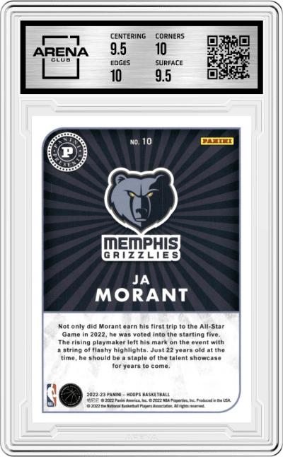 Ja Morant from the 2022-23 Panini NBA Hoops set graded by Arena Club and given an overall grade of 10.