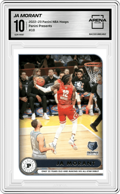 Ja Morant from the 2022-23 Panini NBA Hoops set graded by Arena Club and given an overall grade of 10.