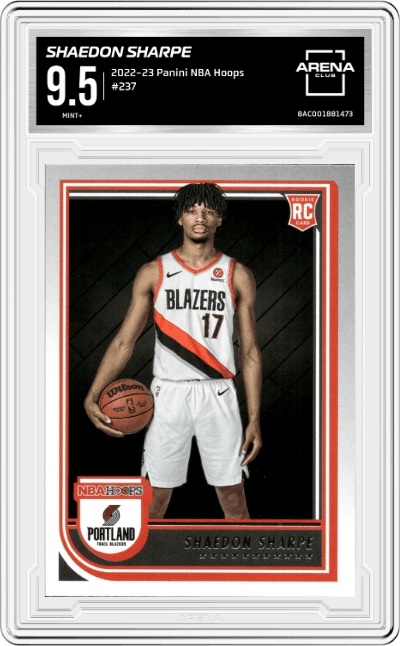 Shaedon Sharpe from the 2022-23 Panini NBA Hoops set graded by Arena Club and given an overall grade of 9.5.