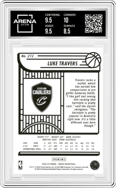 Luke Travers from the 2022-23 Panini NBA Hoops set featuring a Green  parallel graded by Arena Club and given an overall grade of 9.