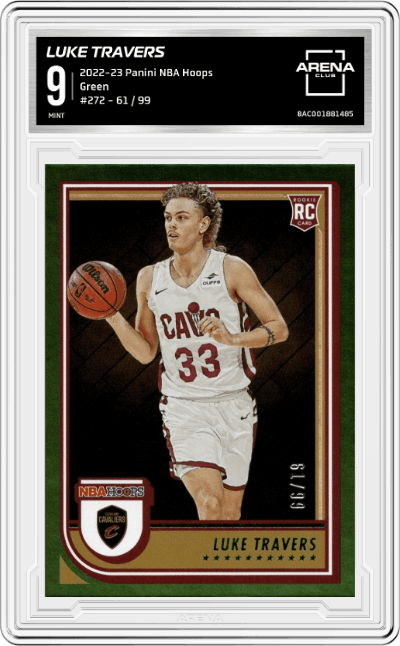 Luke Travers from the 2022-23 Panini NBA Hoops set featuring a Green  parallel graded by Arena Club and given an overall grade of 9.