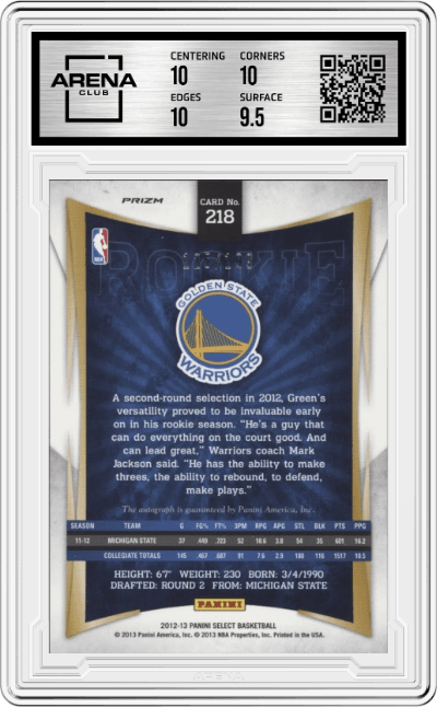 Draymond Green from the 2012-13 Panini Select set graded by Arena Club and given an overall grade of 10.